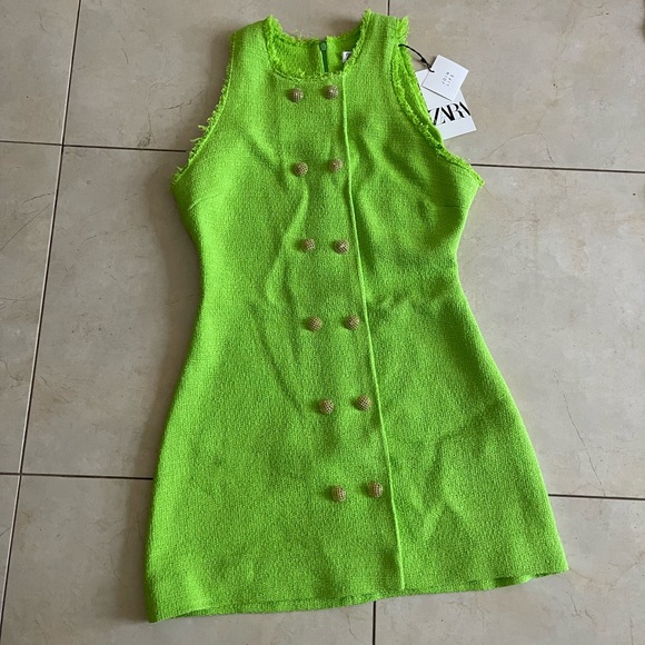 Zara Dresses Zara Lime Green Textured Weave Dress W Gold Buttons